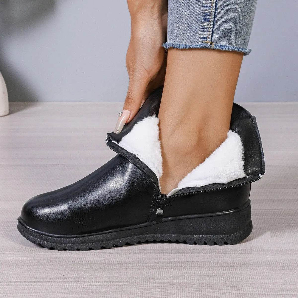 Winter Fleece Boots With Side Zipper Design Fashion Simple Non-slip Ankle Boots For Women Warm Pu Leather Shoes - EX-STOCK Canada