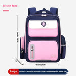 Navy and pink backpack with measurements on a white background