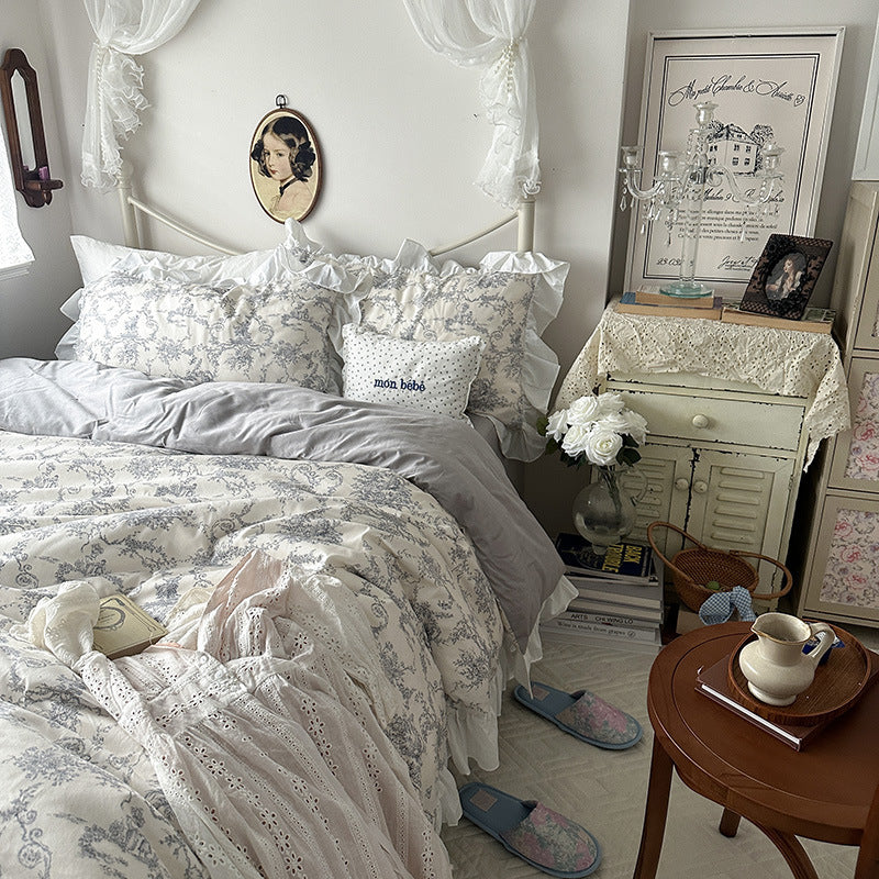 Princess Style Ruffled Pure Cotton French Floral Minimalist Bed Sheet Duvet Cover Bedding EX-STOCK Canada 