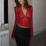 Flowers Lace Long Sleeve Top Y2K Fashion Slim Bottoming Crop Top for Women Casual Lace Top for Women - EX-STOCK CANADA