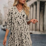 Allover Print Roll Up Sleeve Dress Ladies Casual High Low Long Sleeve V Neck Regular Fit Short Apricot Roll Up Sleeve All Over Print Tunic Women Short Dresses - EX-STOCK CANADA