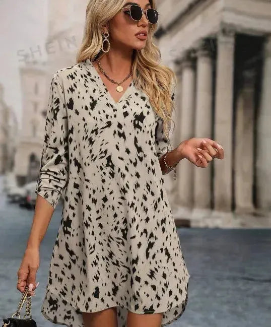 Allover Print Roll Up Sleeve Dress Ladies Casual High Low Long Sleeve V Neck Regular Fit Short Apricot Roll Up Sleeve All Over Print Tunic Women Short Dresses - EX-STOCK CANADA