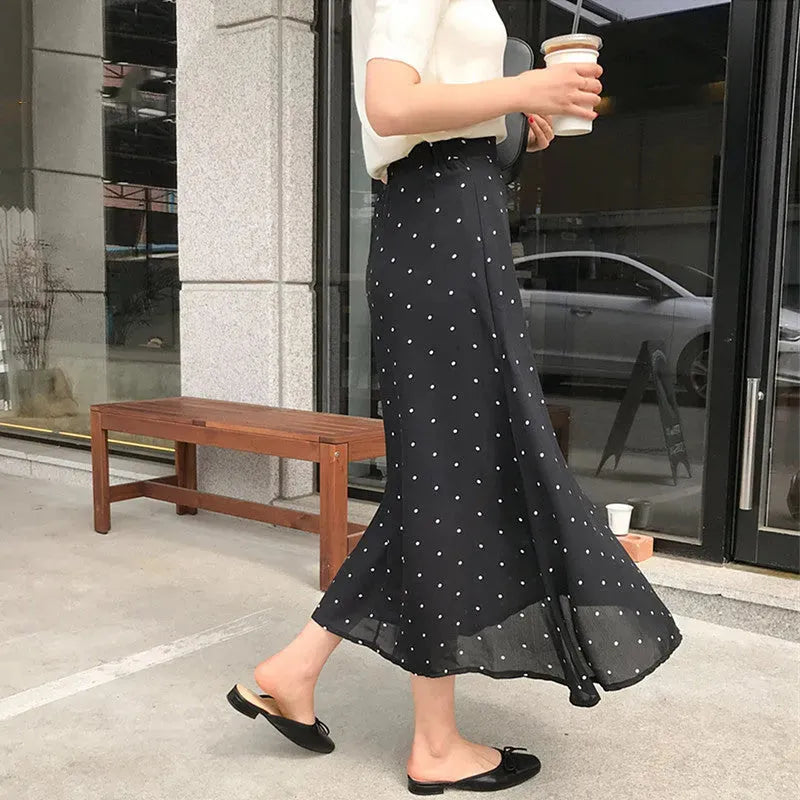 Polka dot High waist Chiffon Flowy Midi skirt women - EX-STOCK CANADA