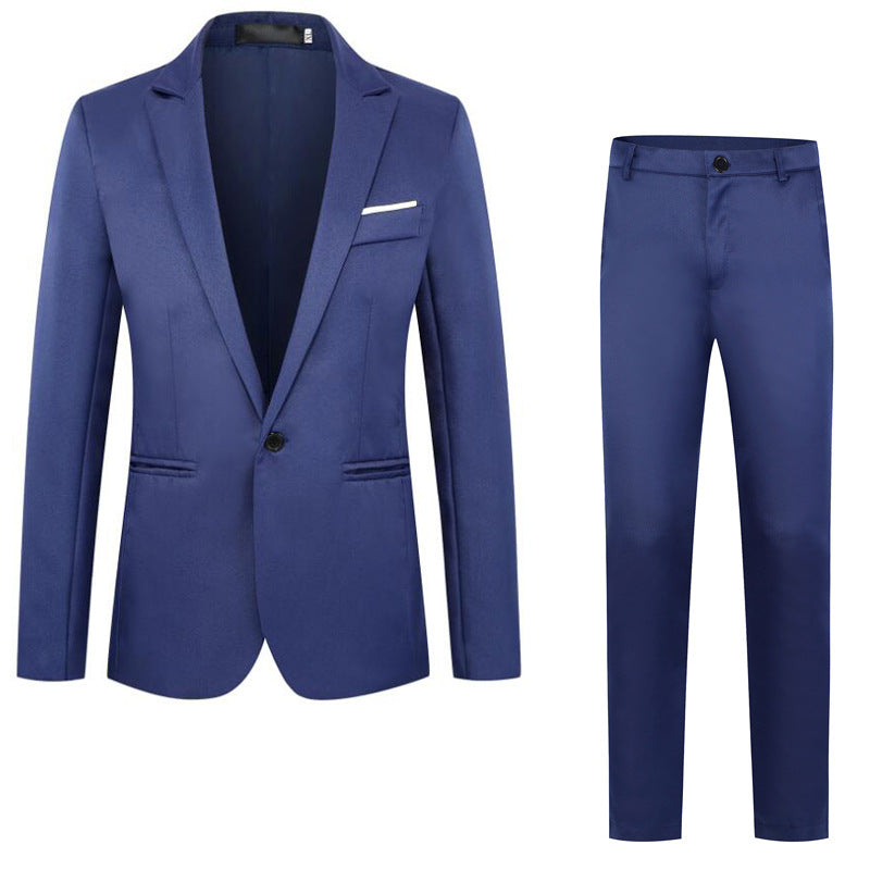 Blue suit jacket and pants on a white background