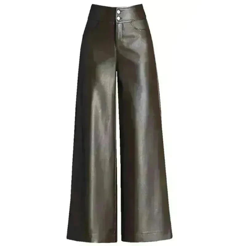 High Waist Thick Loose Big Leg Straight All-matching Wide Leg Leather trouser Pants For Women - EX-STOCK CANADA