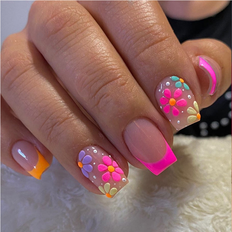 24 PCS Press On Nails Short Square Fake With Nail Glue French False Flower Designs Acrylic Artificial Full Cover Stick For Women EX-STOCK Canada 