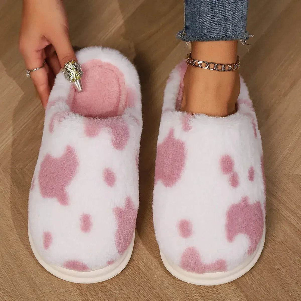 Cute Cow Spotted Plush Slippers Winter Warm Non-slip Bedroom Floor Fuzzy Slipper Couple Women House Shoes - EX-STOCK Canada