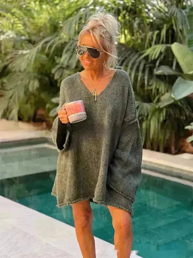 Women's Fashion V-neck Long-sleeve Knitwear 2-color Sweater dress - EX-STOCK CANADA