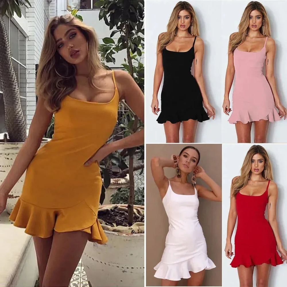 New Ruffles Trumpet Dress Women Sleeveless Spaghetti Strap Slim Summer Dress Party Short Dresses Vestidos - EX-STOCK CANADA