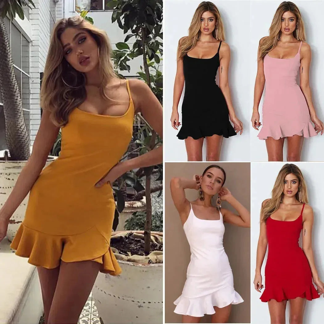 New Ruffles Trumpet Dress Women Sleeveless Spaghetti Strap Slim Summer Dress Party Short Dresses Vestidos - EX-STOCK CANADA