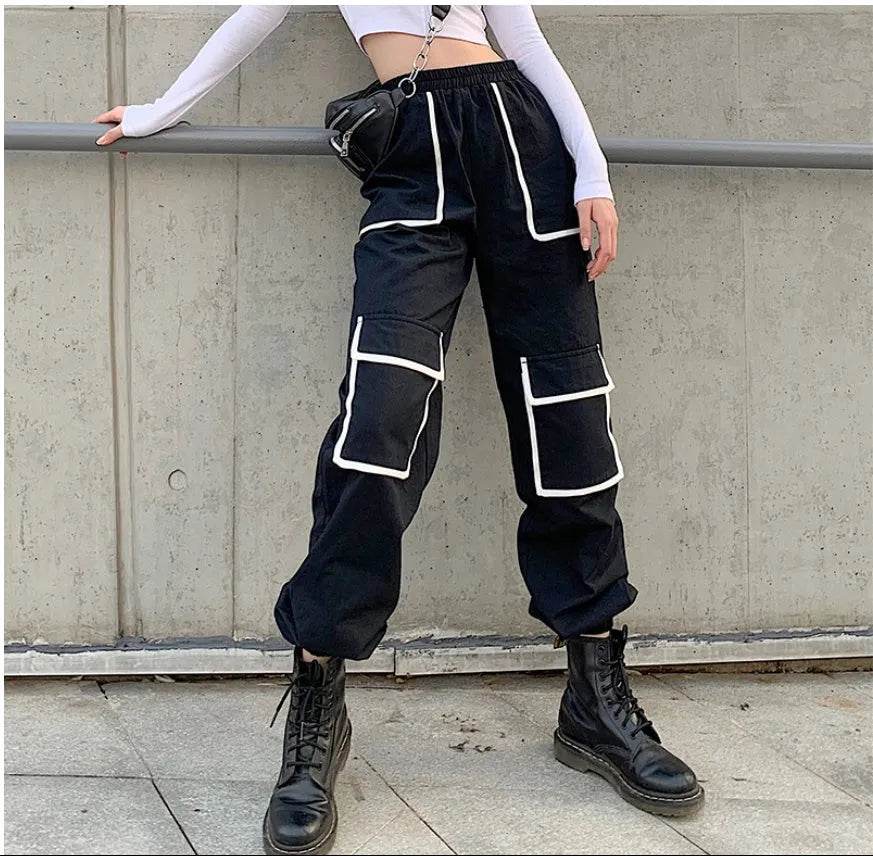 White Stripe Cargo Pants Women Trousers Pockets Patchwork Contrast Color High Waist Pants Hip Hop Capris - EX-STOCK Canada