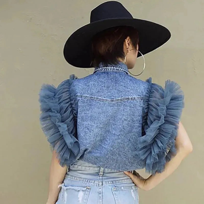 Single Breasted Lapel Frayed denim jacket Clothing top women - EX-STOCK CANADA