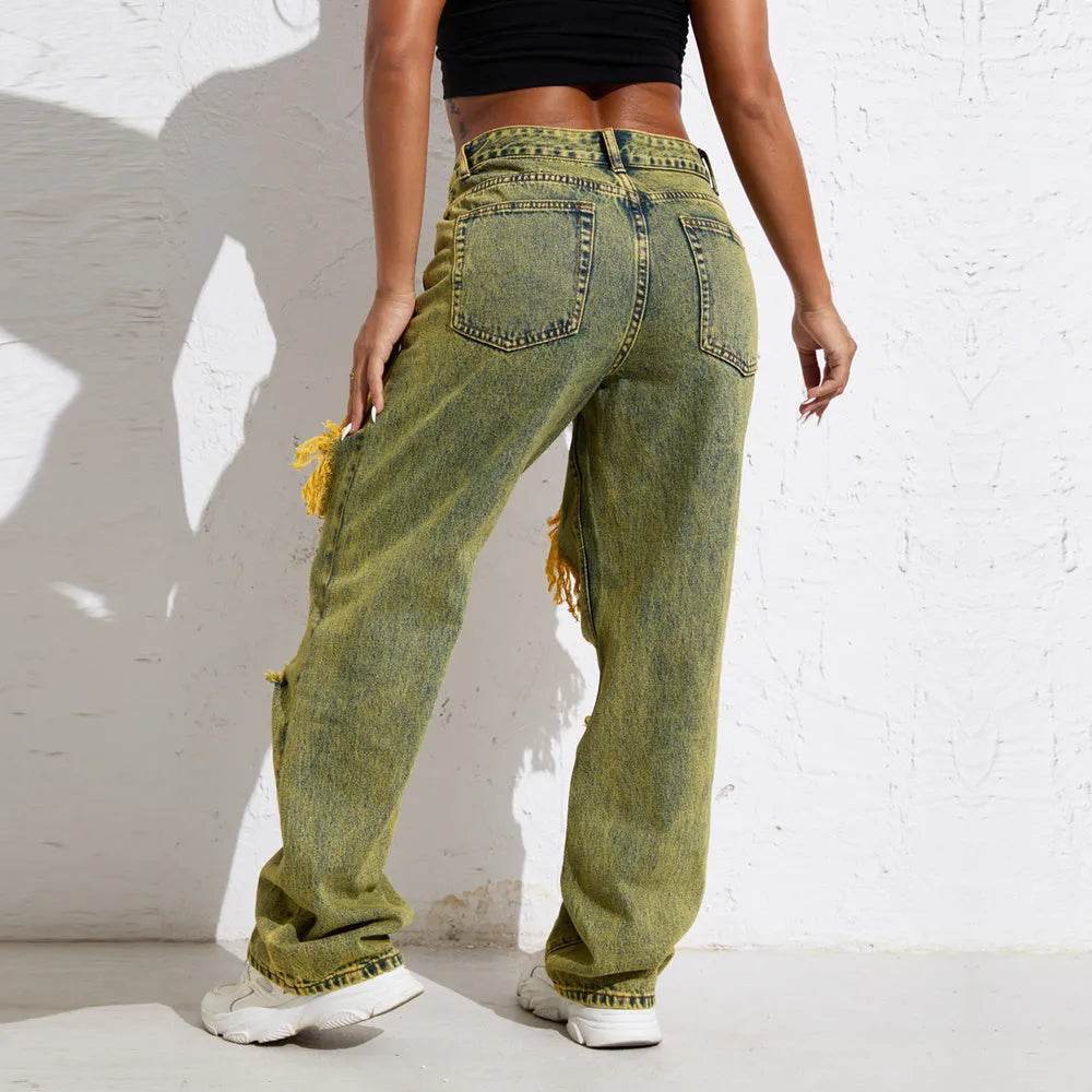 Shascullfites Melody Yellow Wash Streetwear Split Loose Straight Ripped Baggy Jeans Y2K Retro Women Denim Pants - EX-STOCK Canada