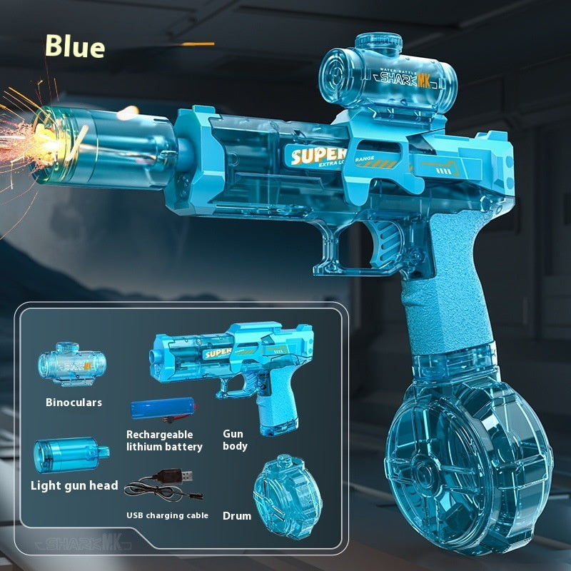 Blue toy gun with components displayed on a dark background