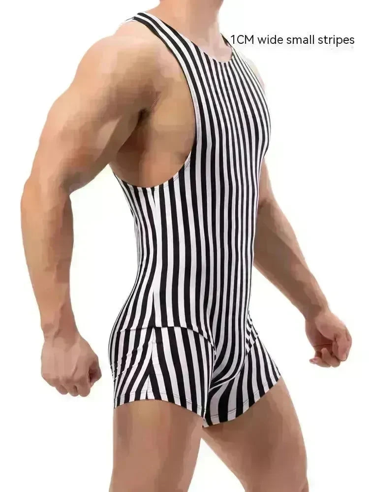 New Vertical Striped Pajamas Sports Swimming Brief Bodysuit for men - EX-STOCK CANADA
