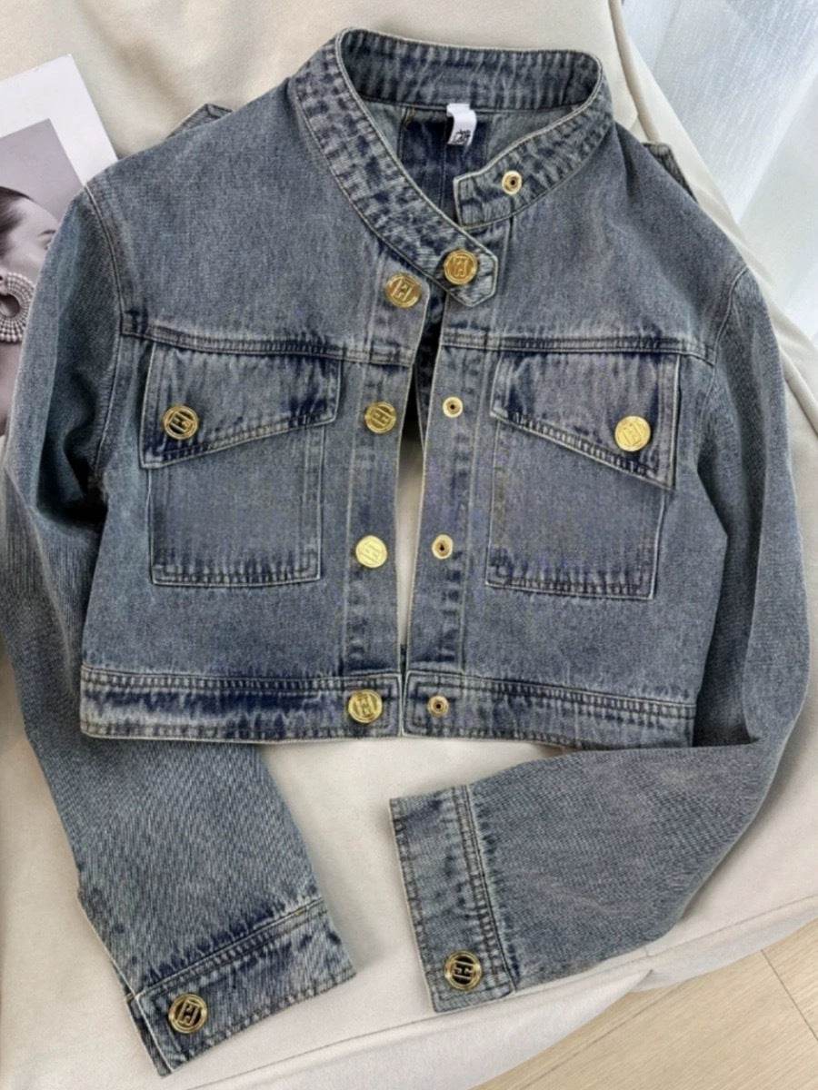 Design American Sweet Retro Personality Gold Button Short Denim Jacket For Women EX-STOCK Canada 