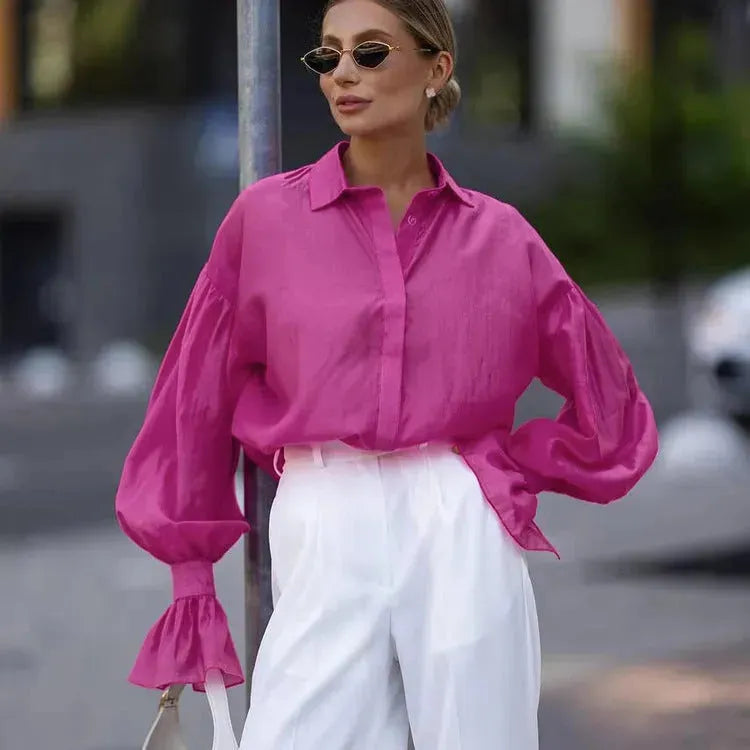 Loose Lapel Lantern Long Sleeves Blouse Shirt For Women - EX-STOCK CANADA