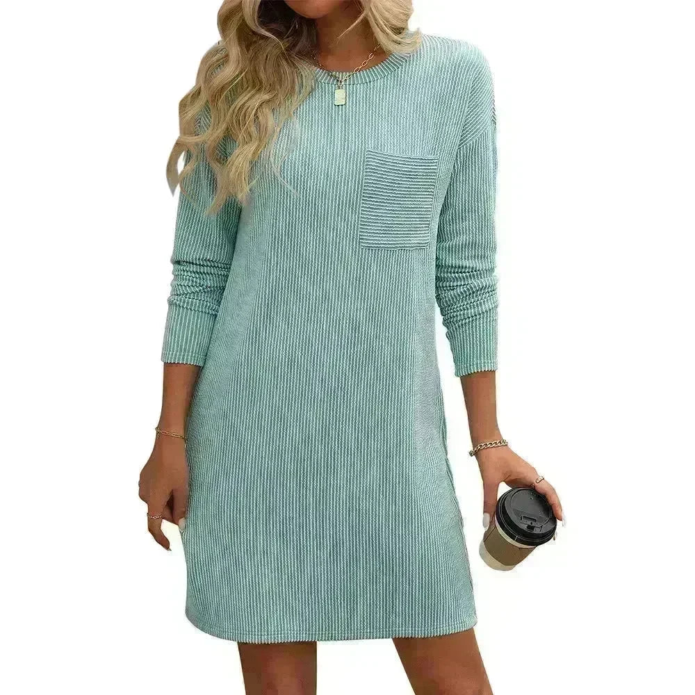 Casual New Solid Color Striped With Pockets Long Sleeve Loose Mini Dress Fashion Round Neck Straight Dress Women's Clothing - EX-STOCK CANADA