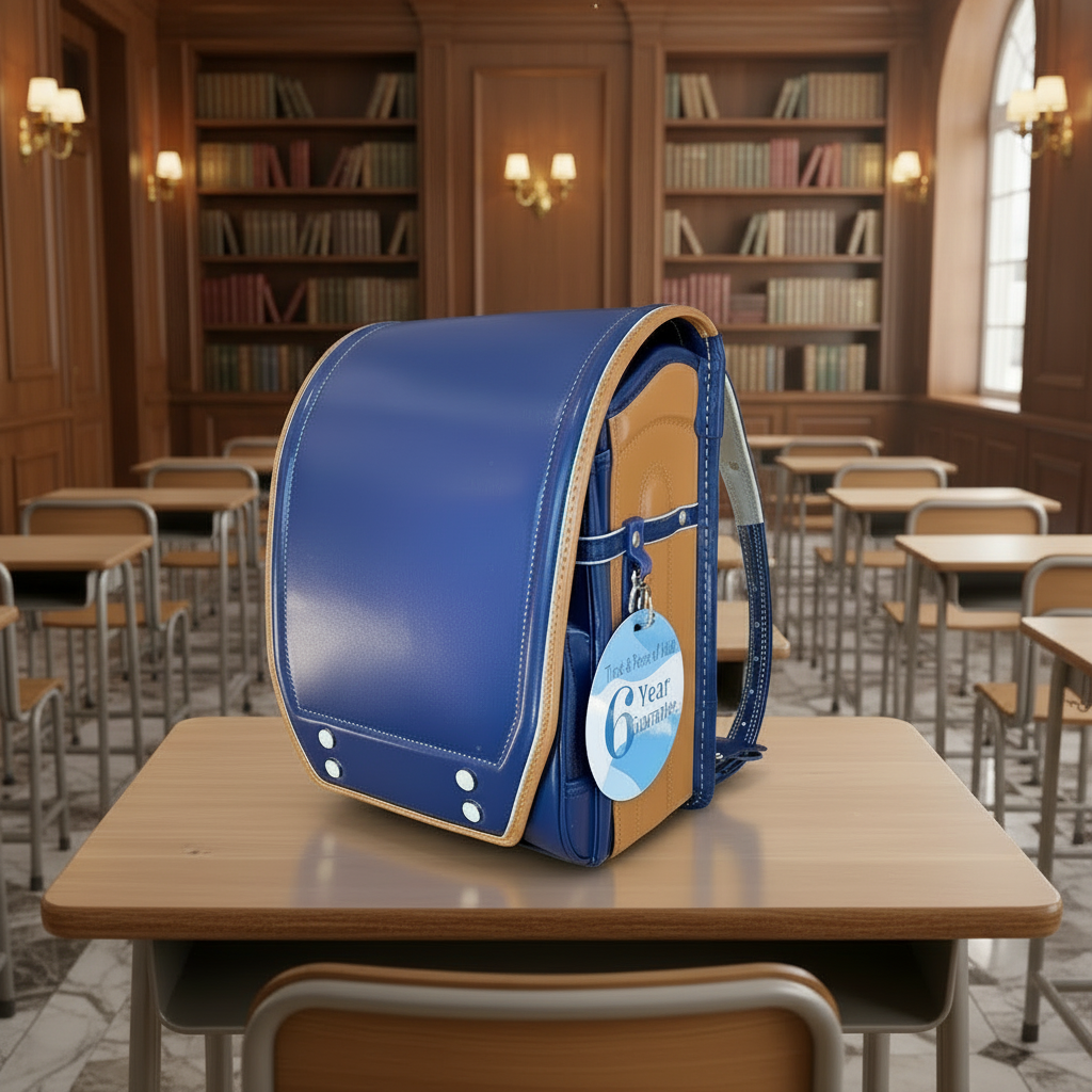A blue and tan school backpack sits on a wooden desk in a classroom with bookshelves and desks in the background.