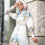 Fashion Puff Sleeves Lapel Robe Arabic Women's Digital Printed Mid Waist Long Dress - EX-STOCK Canada