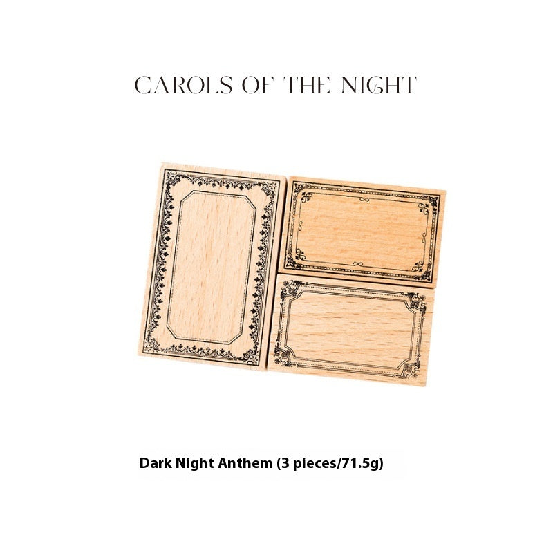 Three wooden stamp blocks with ornate black borders, shown on a white background with the text 'CAROLS OF THE NIGHT' above and 'Dark Night Anthem (3 pieces/71.5g)' below.