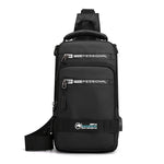 Black sling bag with visible branding on a white background