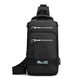 Black sling bag with visible branding on a white background