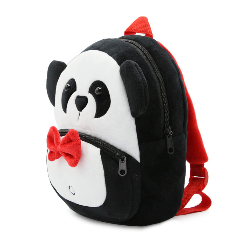 Panda-shaped backpack with a red bow tie on a white background