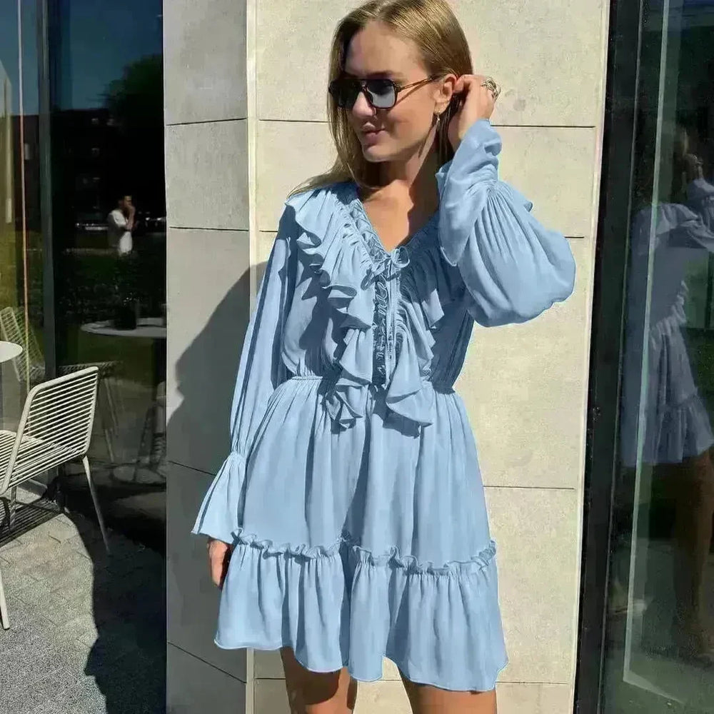 Casual Fashion V Neck Pleated Ruffle Long Sleeve Dress Y2K V Neck Flared Sleeve Short Mini Skater Dress Women's Clothing - EX-STOCK CANADA