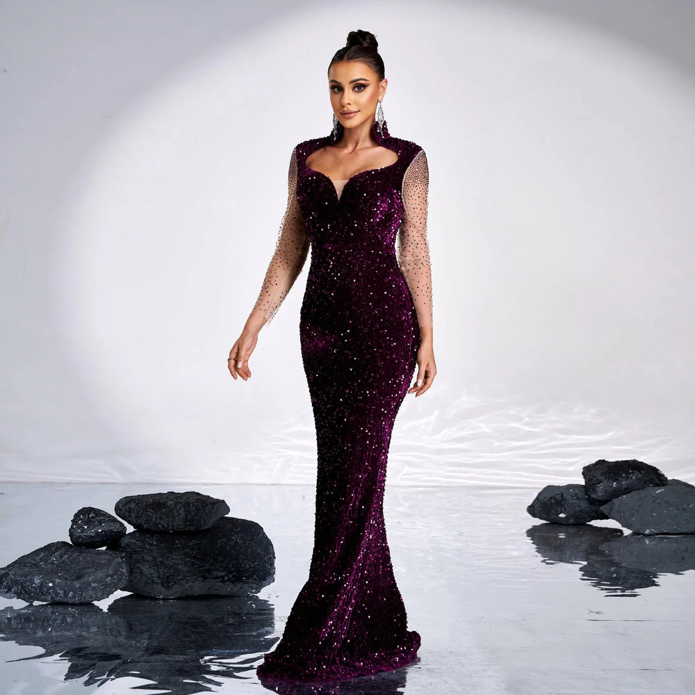 Long Sleeve Banquet Sequined Rhinestone Mermaid Party Dress - EX-STOCK CANADA