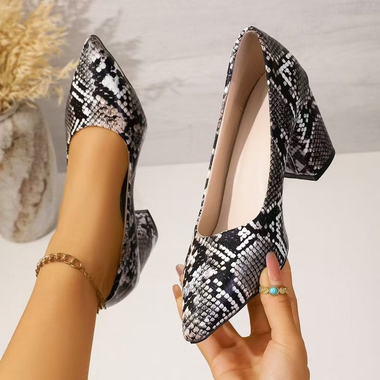 Women's Snake Print Pointed Toe Block Heel Pumps 2026 Spring Summer Elegant High Heels Versatile Office Party Shoes 