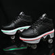 Black roller shoes with LED wheels on a black background