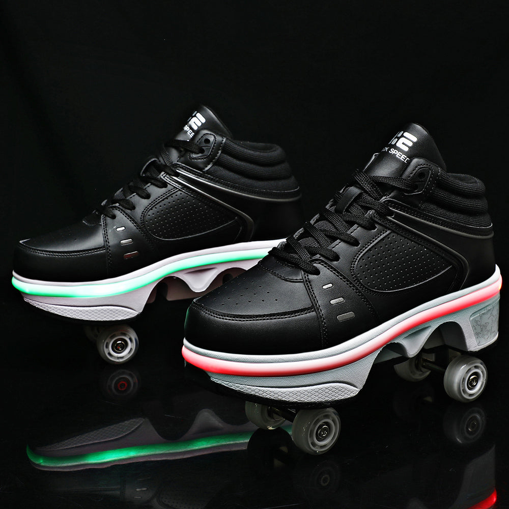 Black roller shoes with LED wheels on a black background