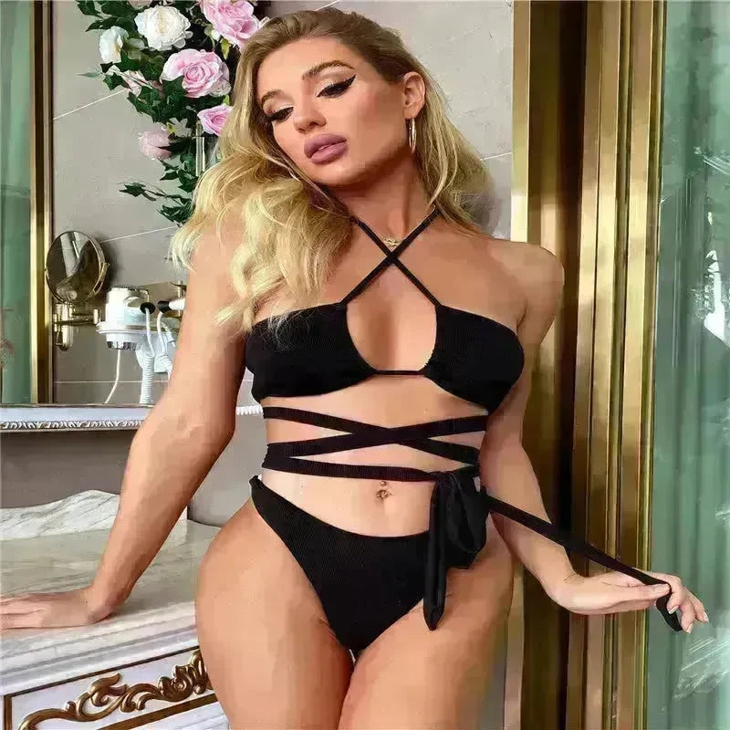 Solid Color Swimsuit Women Strappy Swimsuit Charming Bikini - EX-STOCK CANADA