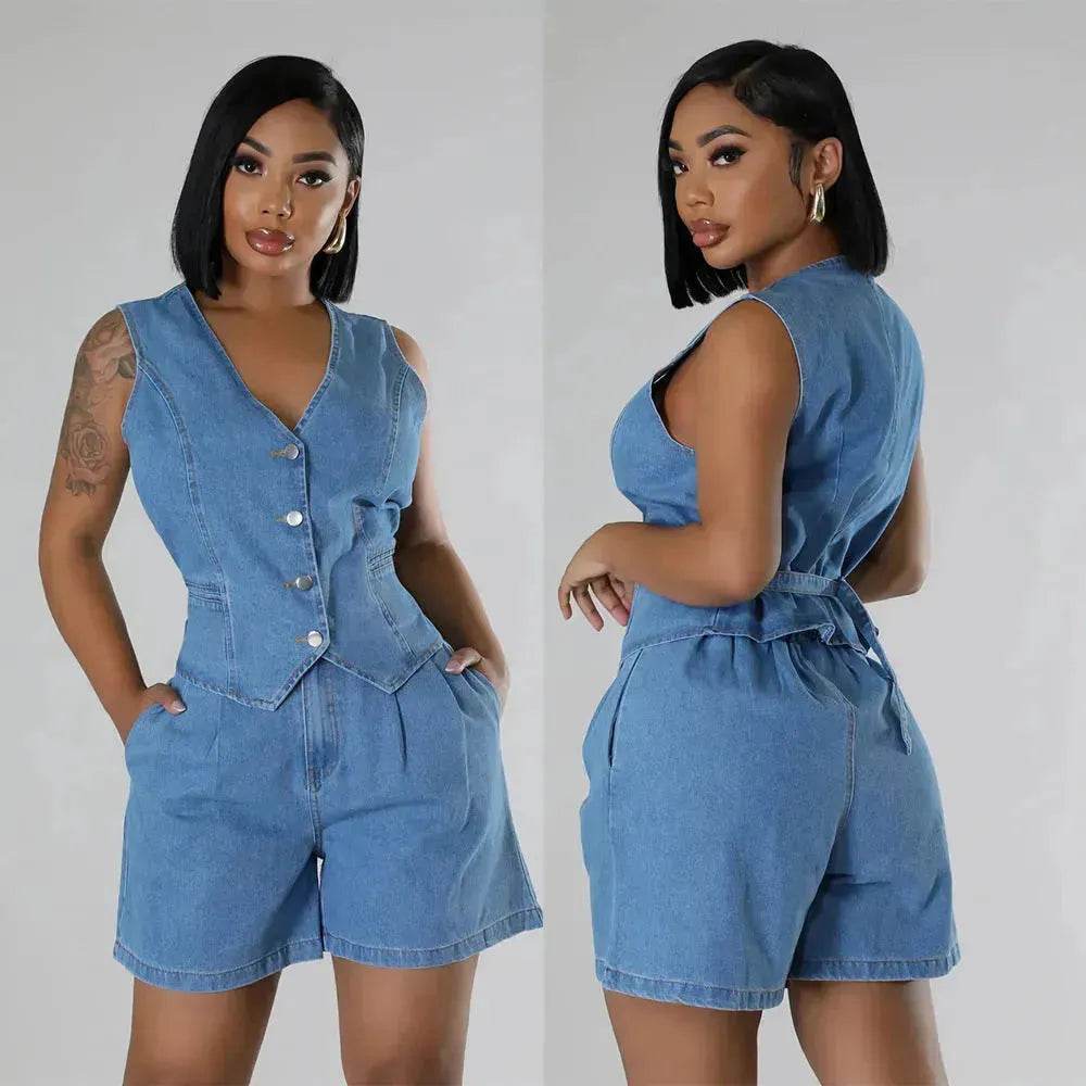 Fashion Casual Sleeveless High Waist Women's Denim Shorts Suit Denim 2 piece sets - EX-STOCK Canada
