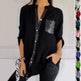 Casual Button-down Long Sleeve Shirt With Sequin Pocket Design Fashion Commuter Top Women Clothing - EX-STOCK CANADA