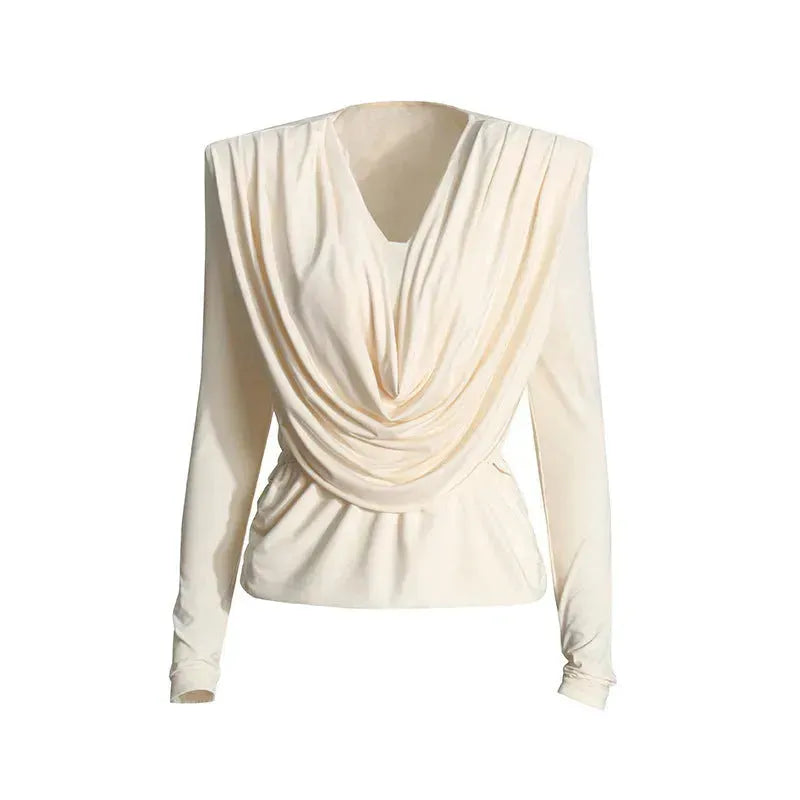 Top Fashion Swing pleated draping cowl neck blouse top - EX-STOCK CANADA