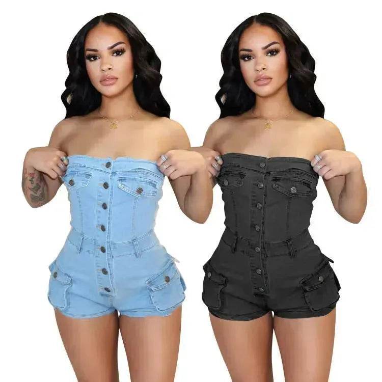 Strapless denim jumpsuit denim tube top jumpsuit Denim short Jumpsuit women Denim Short Rompers jean romper shortsjean jumpsuit shorts - EX-STOCK Canada
