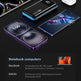 A promotional infographic for a fast-charging wireless earbud charging case, showing several smartphones and a laptop on a dark background with text listing compatible devices and charging benefits.