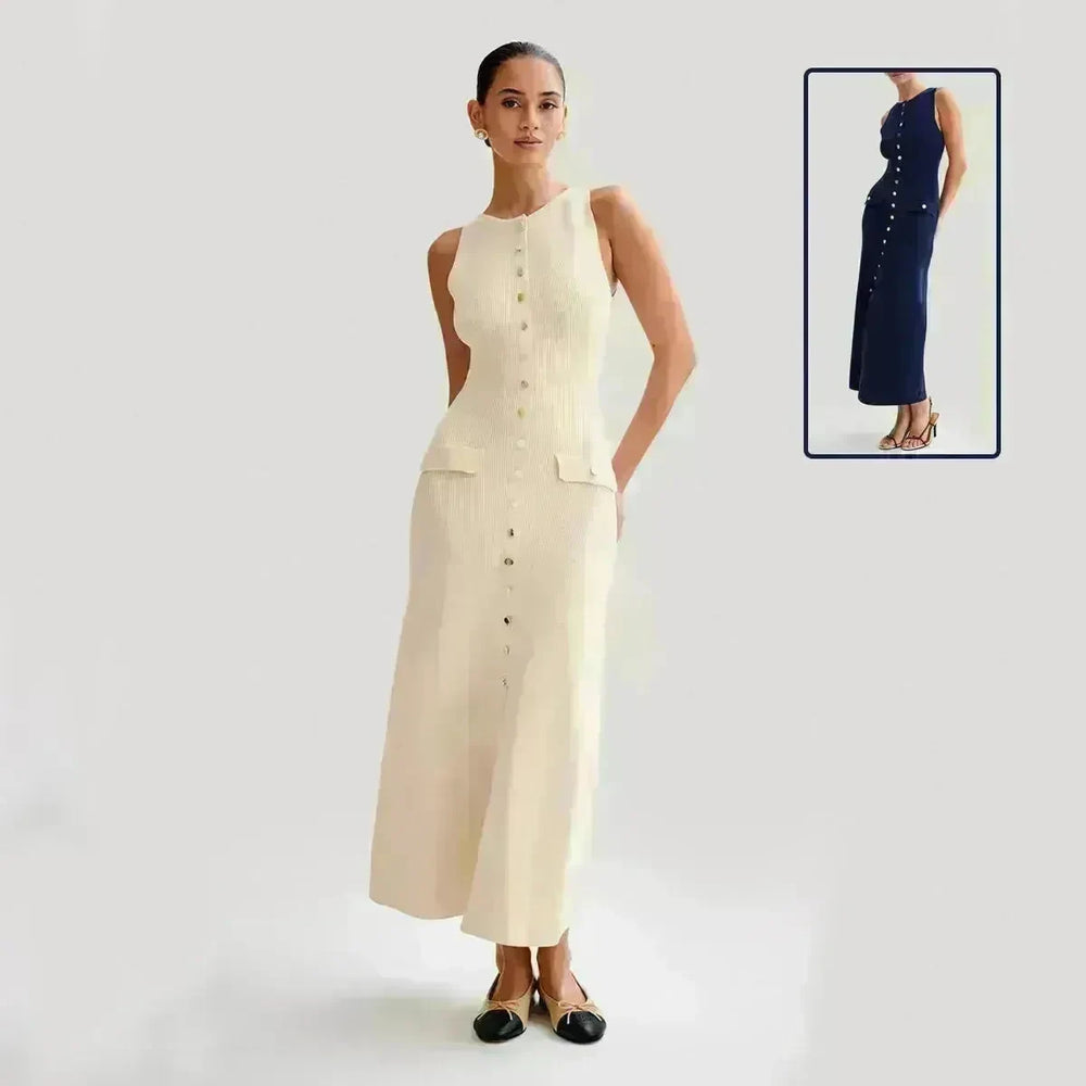 Elegant Knitted Sleeveless Dress With Single Breast Fashion Slim Round Neck Long Dresses Womens Clothing - EX-STOCK CANADA