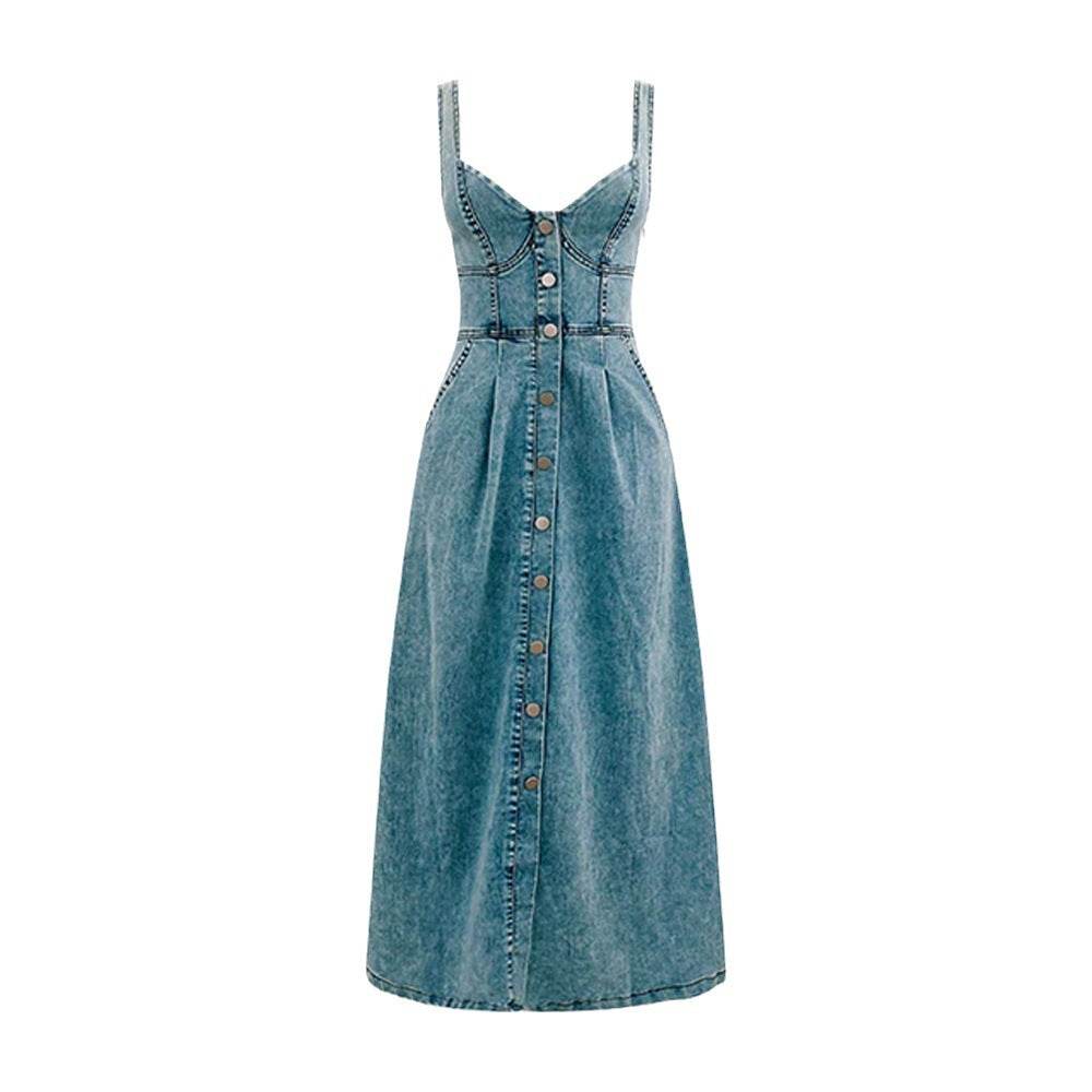 Women's sleeveless Denim Buckle Strap Midi maxi Dress - EX-STOCK Canada