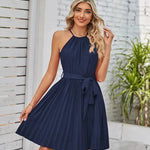 Halter Strapless Dresses For Women Solid Pleated Skirt Summer Beach Sundress - EX-STOCK CANADA