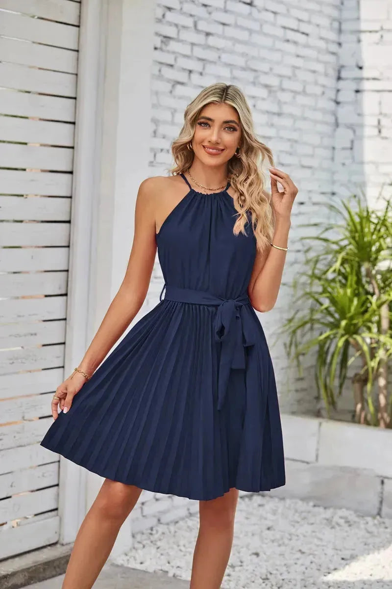 Halter Strapless Dresses For Women Solid Pleated Skirt Summer Beach Sundress - EX-STOCK CANADA