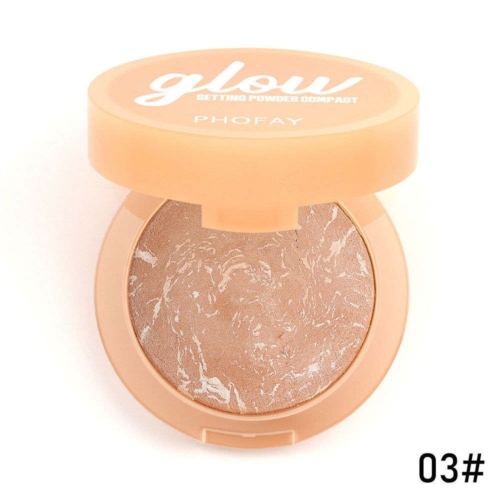 Poudre compacte avec un motif marbré et le logo 'glow' sur un fond blanc