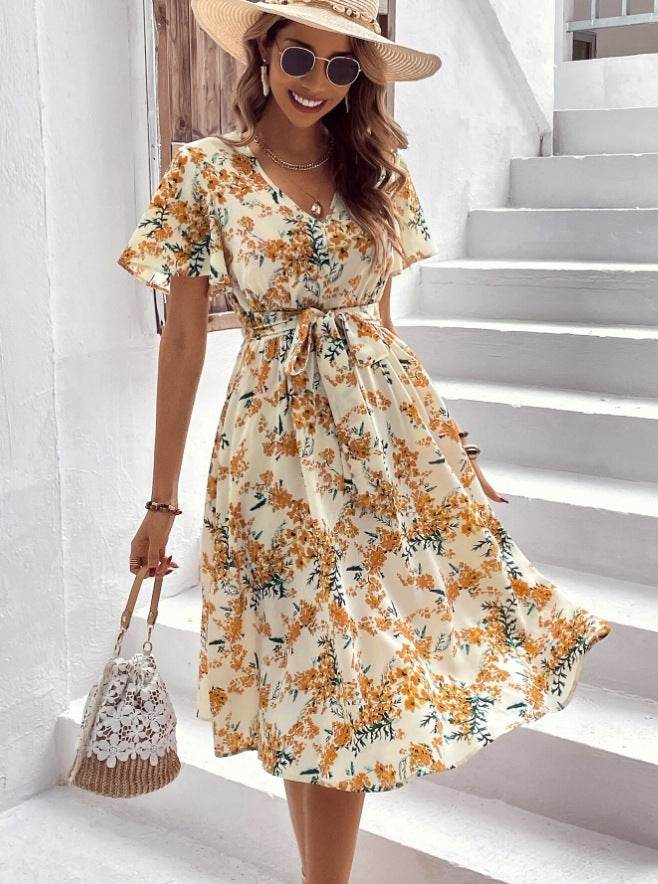 Women Bohemian Spring Short sleeve Casual flowy V-neck Tie belt Floral Summer Midi Dress - EX-STOCK Canada