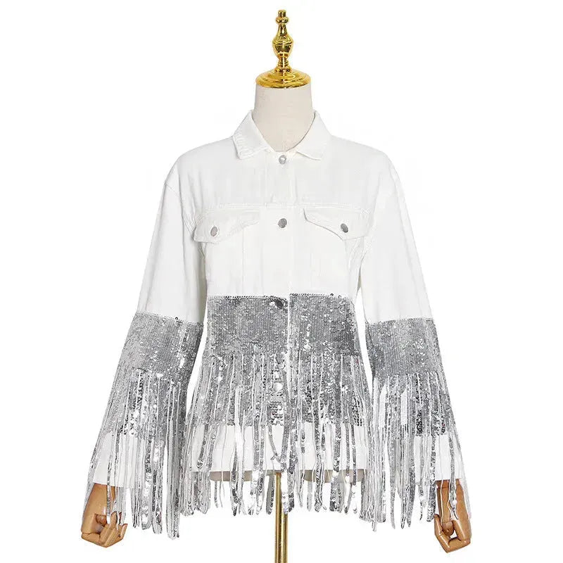 Lapel Pocket Heavy Industry Sequins Tassel  Loose Ripped Denim Jacket Women - EX-STOCK CANADA