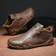 Brown leather shoes with zipper on a wooden surface