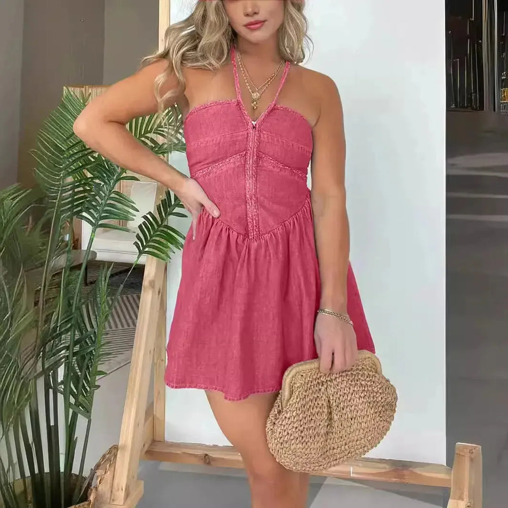 Fashion Women's Halter Denim Mini Flared Dress - EX-STOCK CANADA