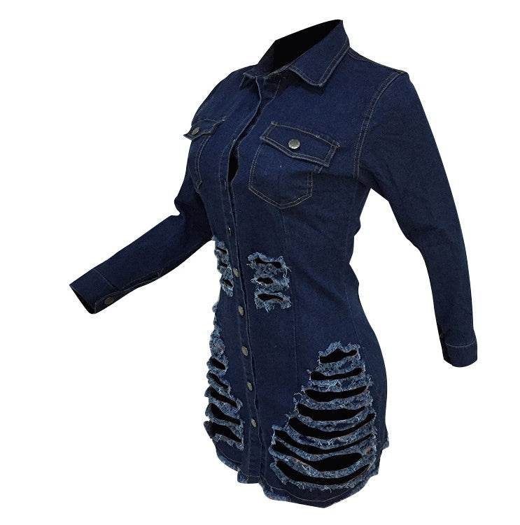 Chic Fashion Fitted Ripped Long Sleeve Jeans Denim hip dress - EX-STOCK Canada