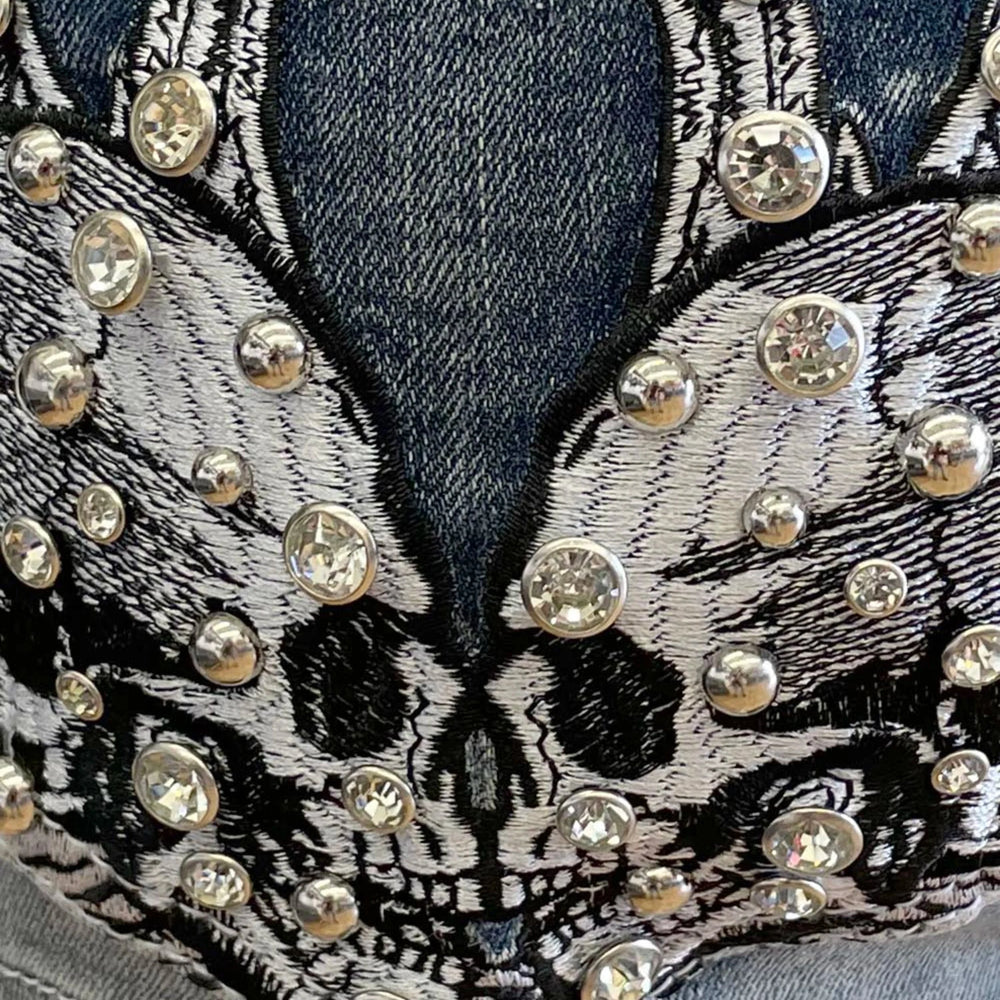 Shorts de mezclilla con calavera y alas de diamantes de imitación para mujer de Bus StopEX-STOCK Canada 